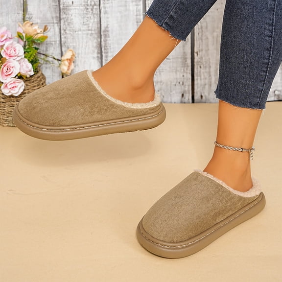 Fnooota Womens Fuzzy Slippers, Fleece-Lined Slip on Warm Comfortable Winter Indoor Shoes Khaki Size 10-10.5
