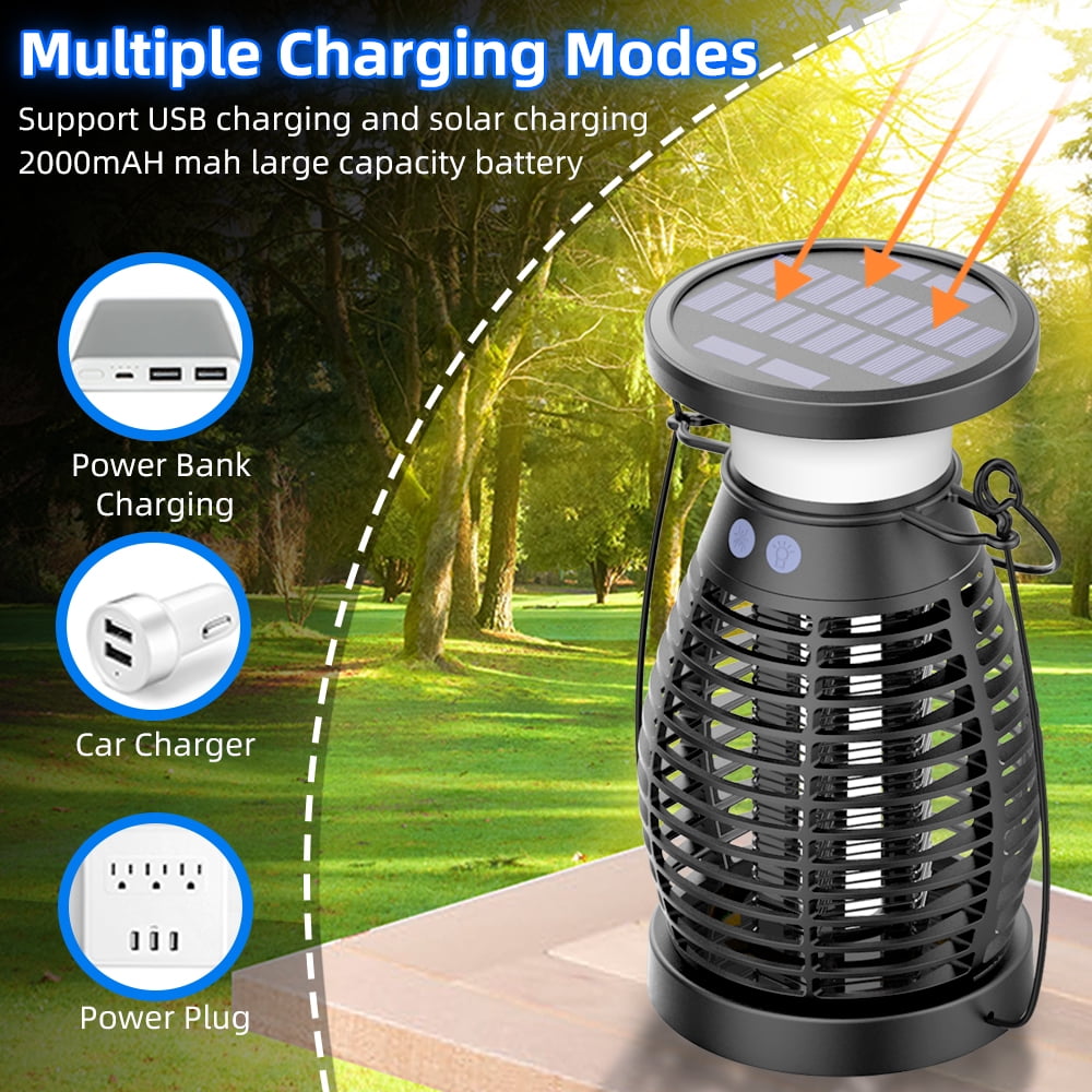 JahyShow Solar Bug Zapper Outdoor Waterproof Rechargeable Mosquito Zapper with 2000V High Powered Purple Light, 3 in 1 Fly Zapper Can Attract Gnats, Mosquitoes, Flies, Moths