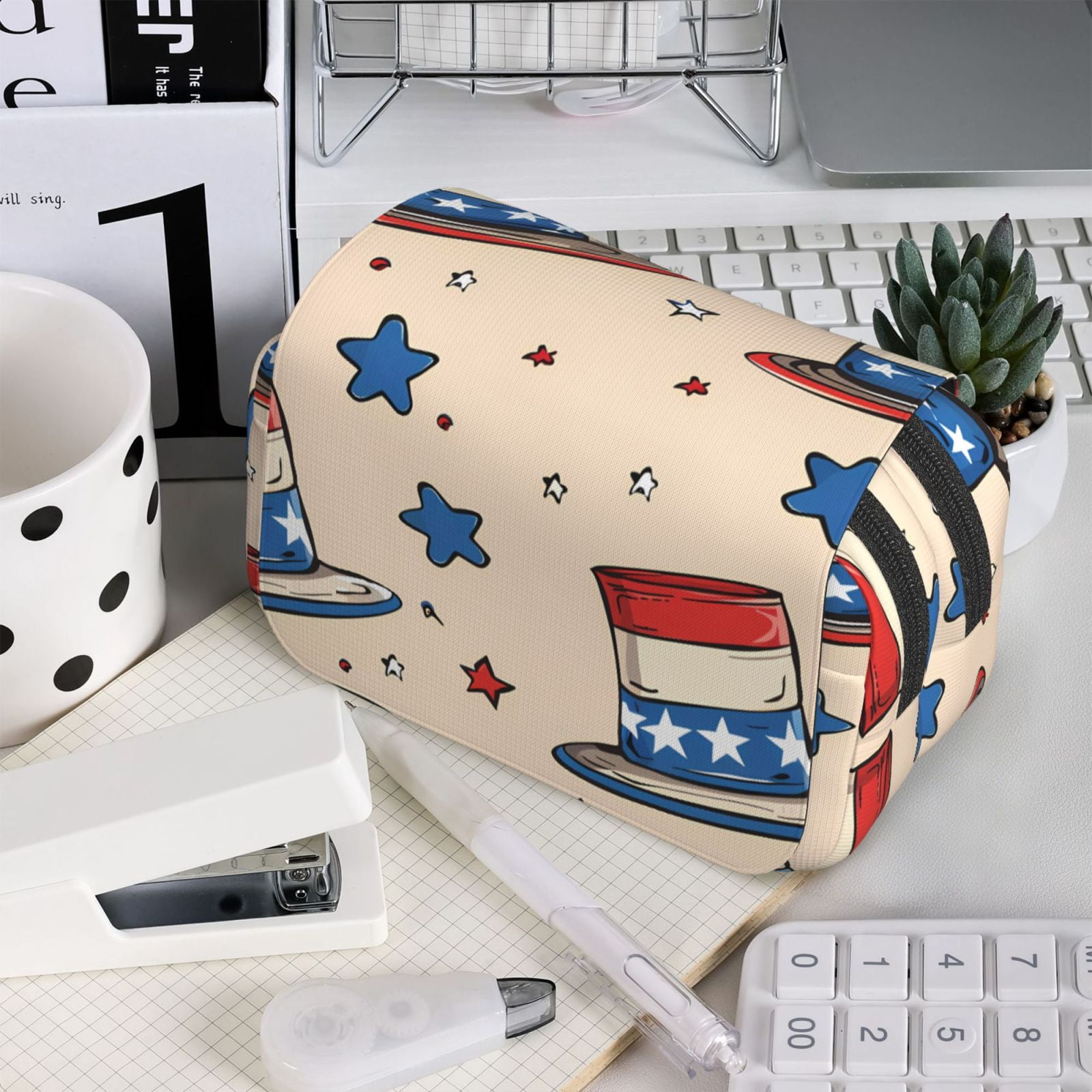 Large-Capacity Flip-Top Double-Layer Pencil Case, Multi-Functional Pocket Pen Case, Durable Stationery Organizer Independence Day Theme Elements Star (5)