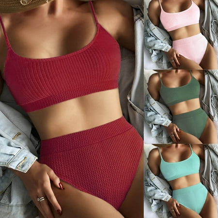 Jacenvly Bikinis for Juniors 2 Piece Clearance Quick Drying Women Solid High Waist Bikini Push-Up Padded Swimwear Swimsuit Beachwear Set Bikinis Siuts Trendy Beach Bikini Wrap Army Green