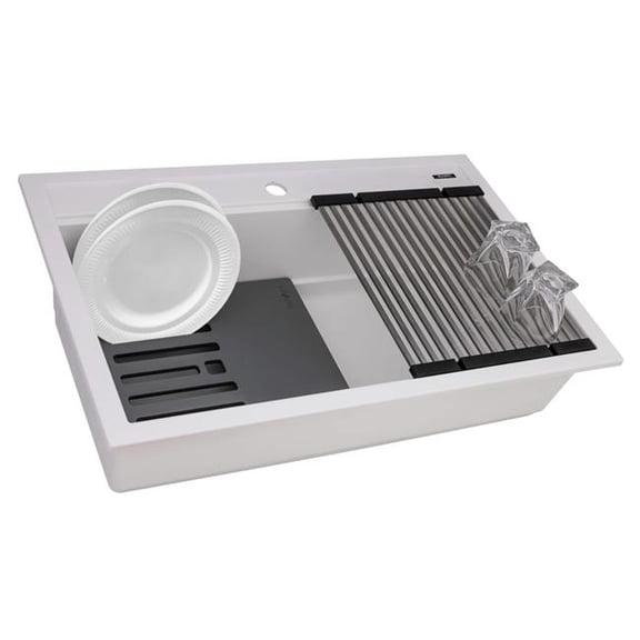 Ruvati RVG1634WH 34 in. Epi Cube Granite Composite Workstation Drop in Top Mount Kitchen Sink, Matte White