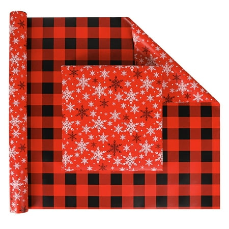 FIEHALA Classic Christmas PresNok Mini Wrapping Paper Roll - Reversible Holiday Wrapping Paper(17" X 32.8 Feet) - Red Black Buffalo Plaid & Snowflakes Patterns