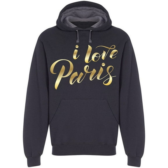 I Love Paris Cursive Yellow Font Hoodie Men -Image by Shutterstock, Male Large