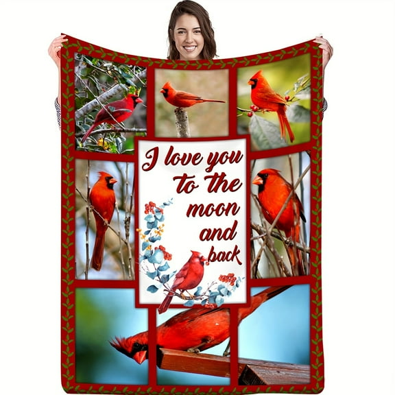 Red Cardinal Bird Lodge Style Flannel Throw Blanket – Cozy Knitted All-Season Cover with "I Love You to The Moon and Back" Theme, Soft Flannel 100% Embellished Animal Pattern Throw for Girlfriend