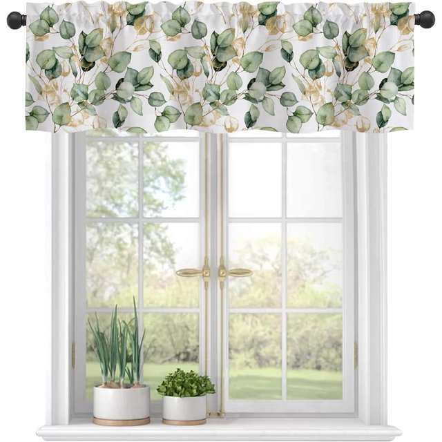 Valances Curtains for Windows,Green Golden Eucalyptus Leaves Semi Sheer Curtain Valances,Rod Pocket Short Window Treatment Light Filtering Decor Valances for Kitchen Living Room Bedroom Window-54"x18"