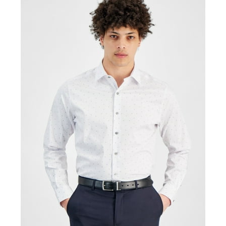 Alfani Mens Slim fit Dress Shirt Large 16-16.5 34-35 White Blue Geometric
