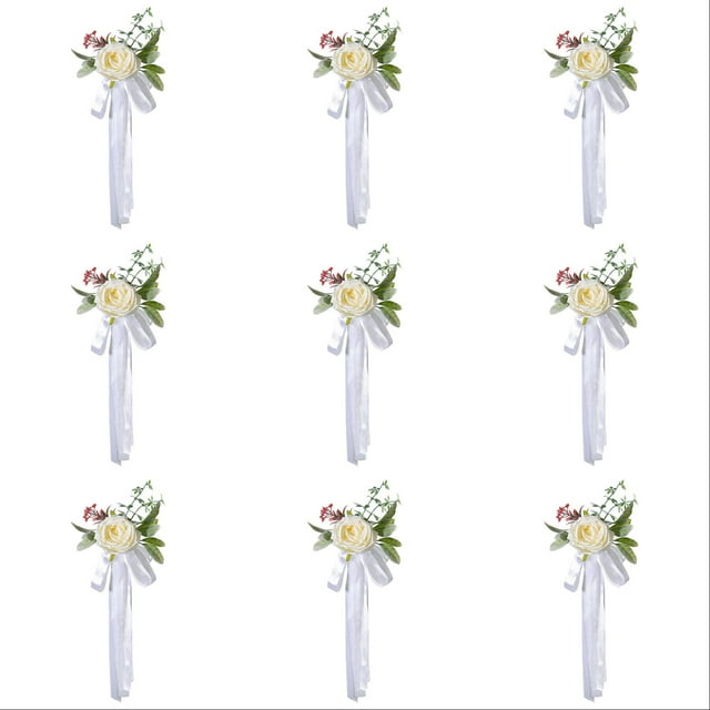Artificial Rose Wedding Chair Decorations with Ribbons - Faux Flower Chair Back Decor for Wedding Aisle, Church Pew & Ceremony Decor - Elegant Wedding Party Decorations for Indoor & Outdoor Events