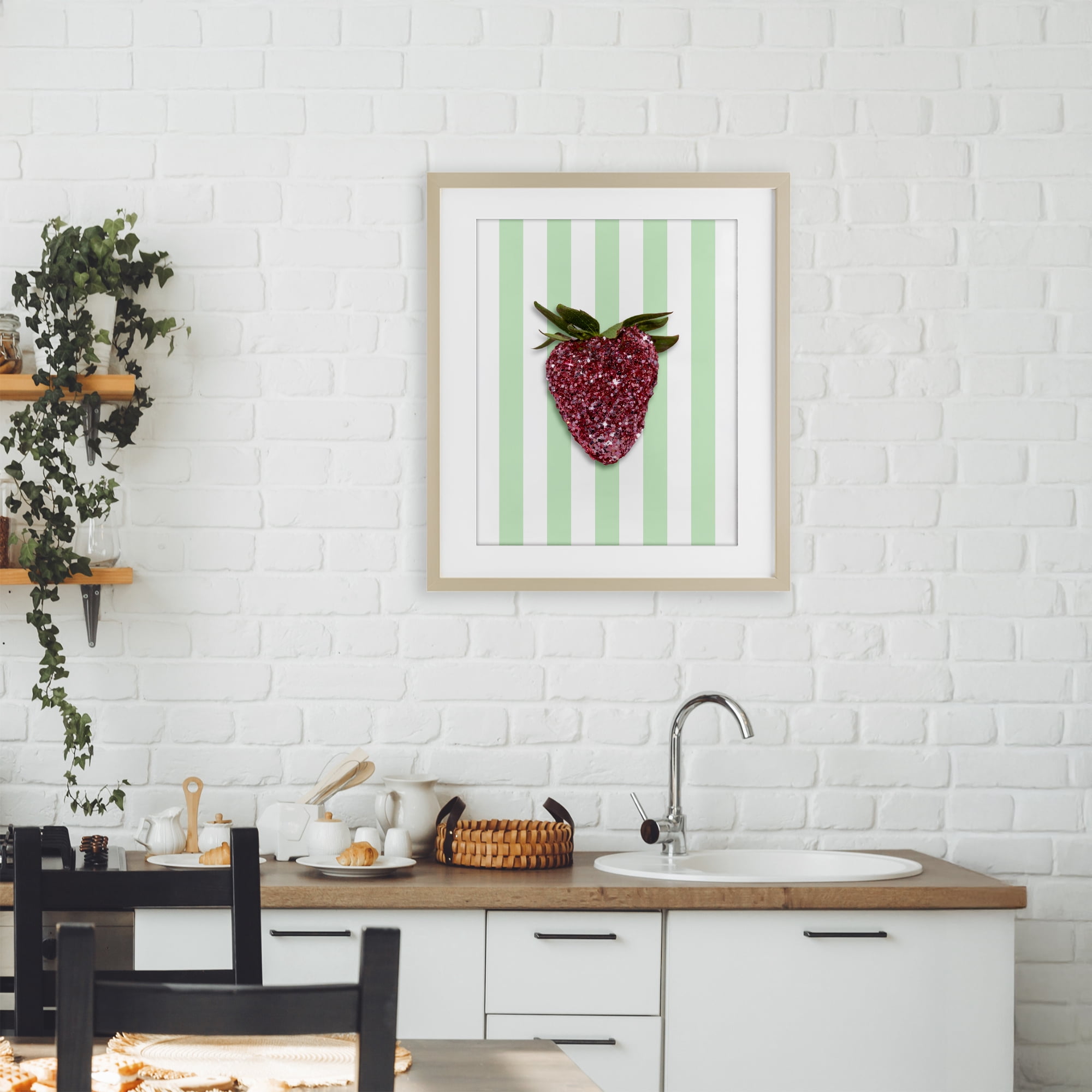 Stupell Industries Glimmer Cherry on Green Stripes Birch Framed Print Under Glass, design by LISH Creative