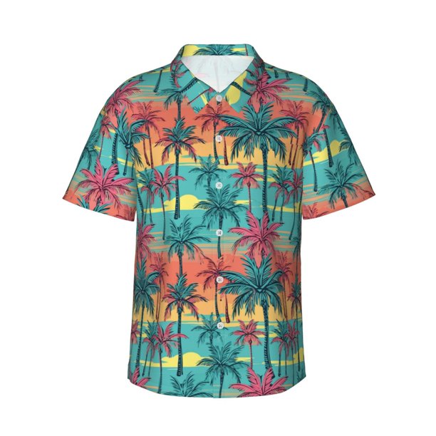 Fotbe Hawaii Palms Camisa Hawaiana para Hombre Unisex – Camisa Casual de Verano con Botones de Manga Corta de Algodón y Lino,3X-Large