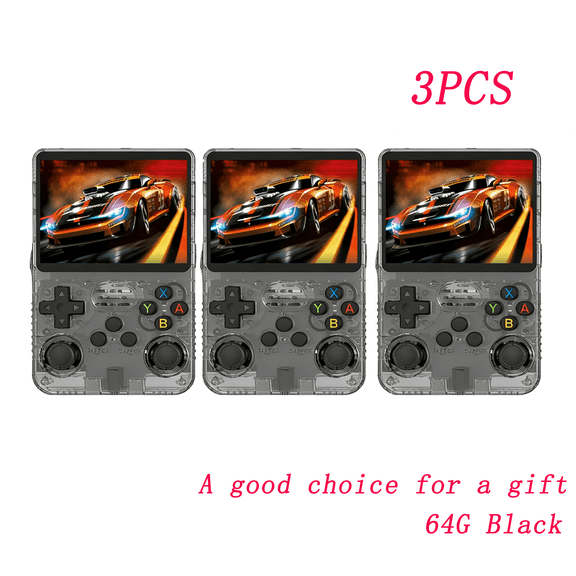 R36S Open Source Handheld Game Console, 3.5-inch 3D RGB screen, Arcade Nostalgia, Black, 64G, 3 Pack