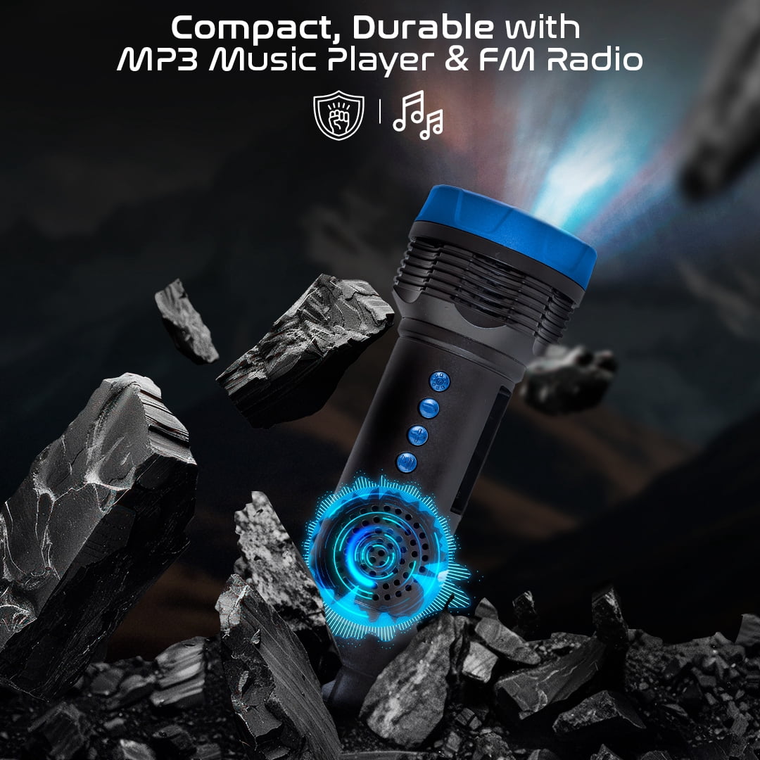 Audiobox FSL-200 Solar Rechargeable Flashlight with Bluetooth Speaker, FM Radio, TWS, and LED Light – Portable for Camping, Hiking, Travel Blue