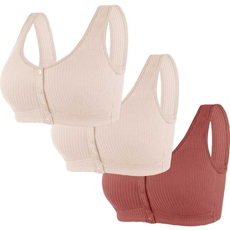 REORIAFEE Push up Bras for Women 3 Pack Front Closure Gathered Together No Wire Bras Striped Brassiere Comfy Wide Strap Breathable Corset Underwear Comfortable Classic Support Lingerie Pink XL42/95
