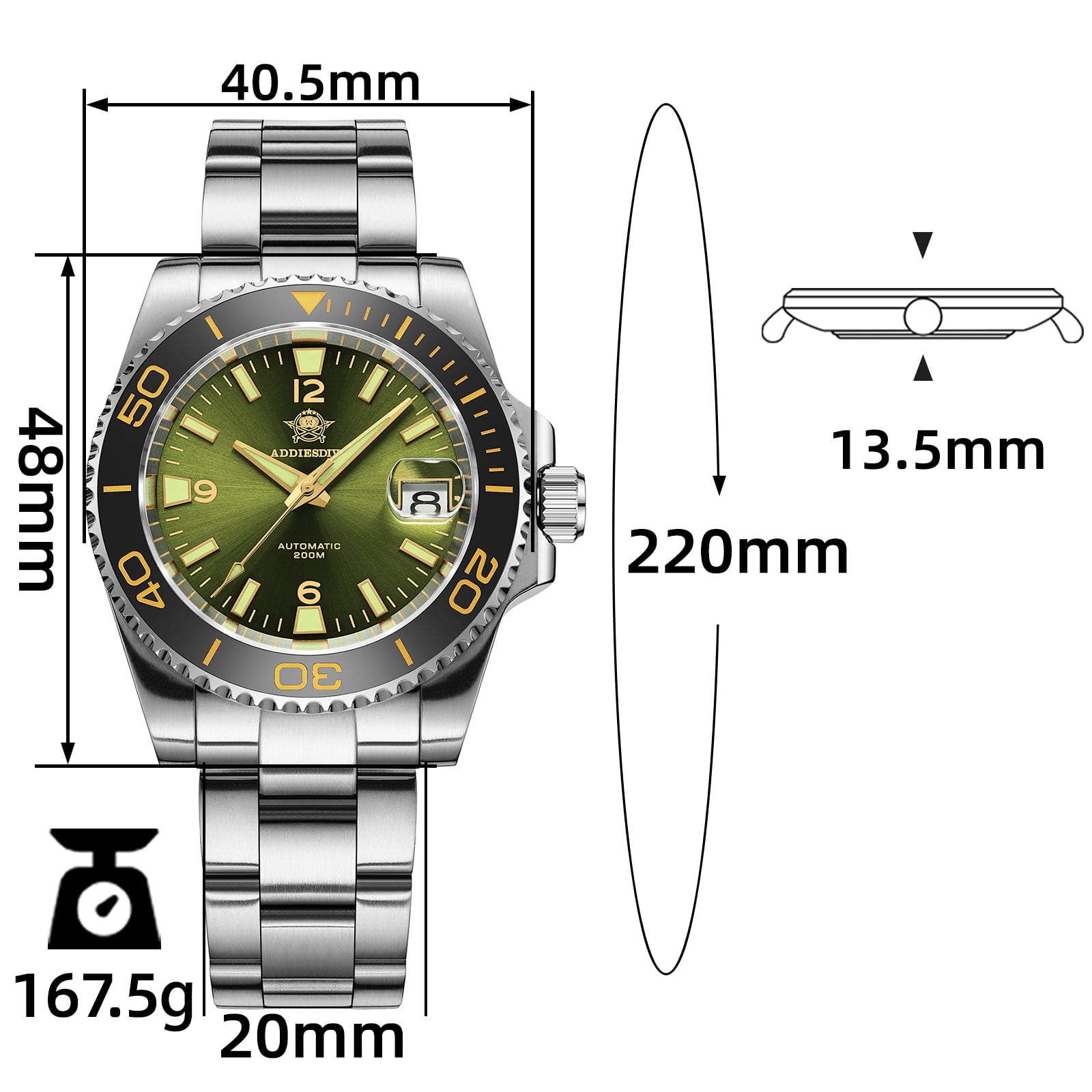 ADDIESDIVE Men's Automatic Diver Watch 200M Waterproof, Japanese Mechanical Movement, Sapphire Crystal & Ceramic Bezel, Super-LumiNova BGW9/C3, Stainless Steel Dive Watch