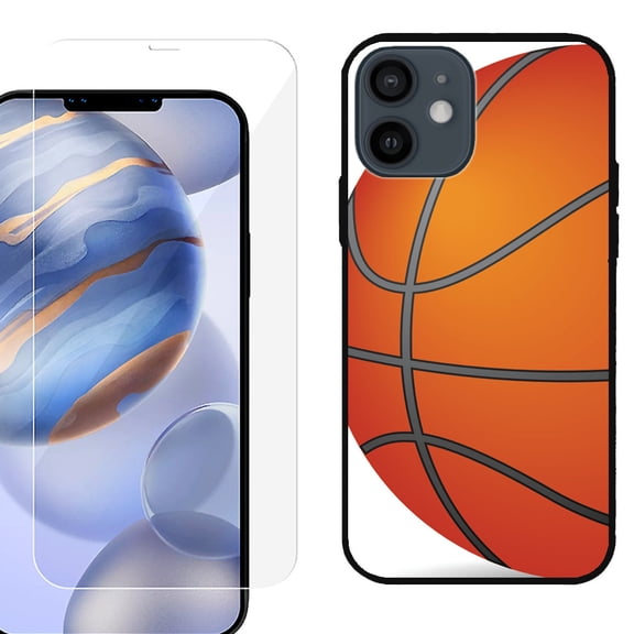 Slim-Fit Protective Phone Case (Black) compatible with iPhone 12 / iPhone 12 Pro, with Tempered Glass Screen Protector, by OneToughShield ® - Basketball