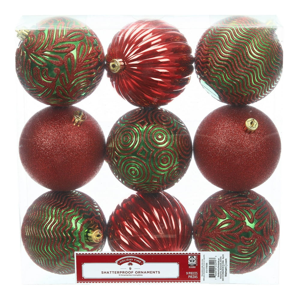Holiday Time Shatterproof Ornaments, 9Count, Red Green