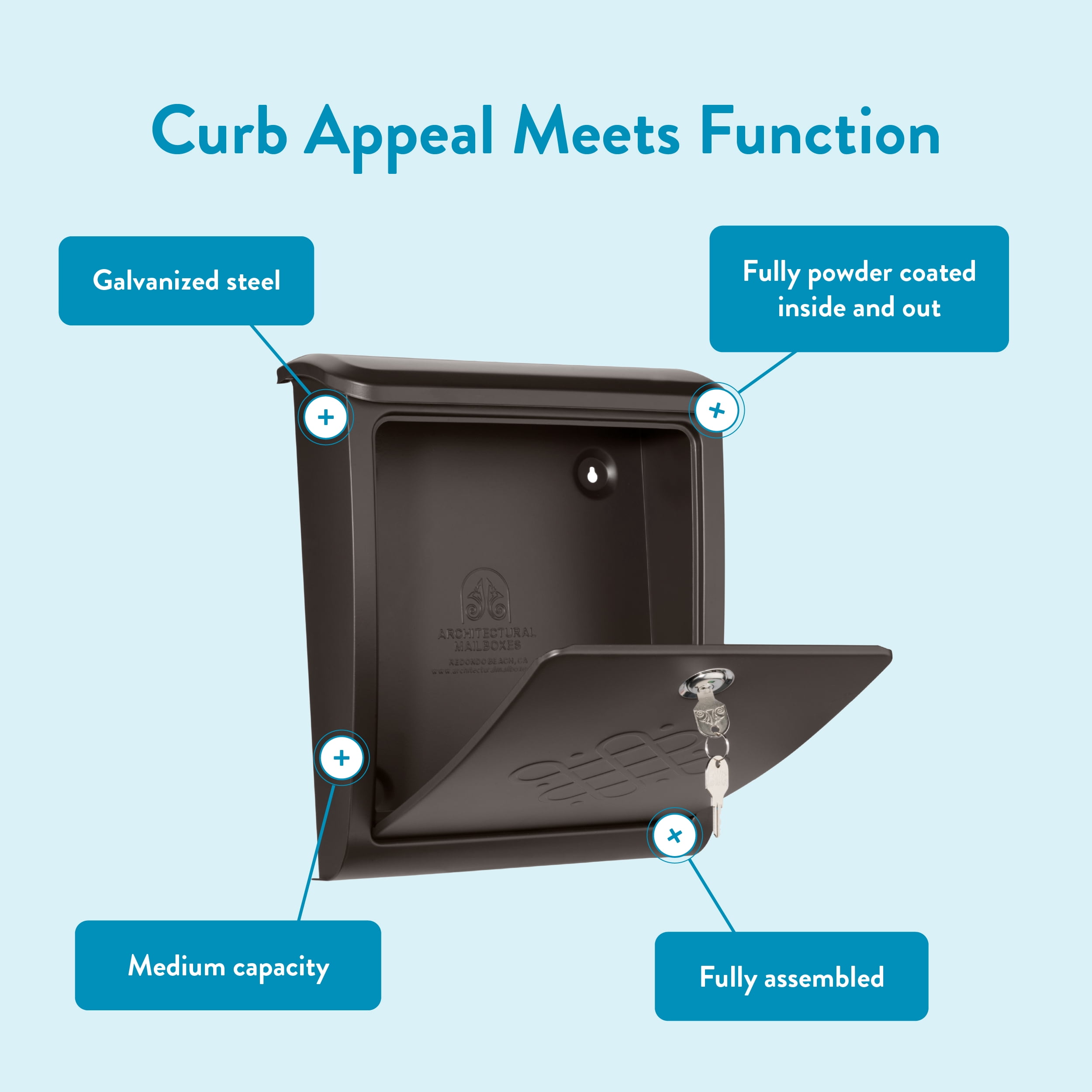 Architectural Mailboxes Bordeaux™ Locking, Wall-Mounted Mailbox for Outside, Decorative Metal Galvanized Steel Medium Mail box with Lock and Key Drop Box, Rubbed Bronze