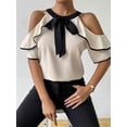 thumbnail image 2 of Women's Blouses Temperament Double Layer Short Sleeve Shirt Bow Neck Boho Shirts Pullover Women Clothing, 2 of 3