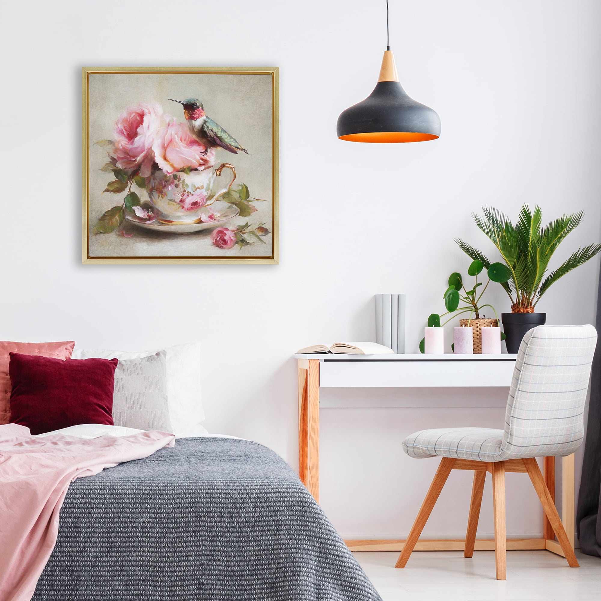 Stupell Industries Hummingbird & Tea Cup Gold Framed Floater Canvas Wall Art, design by Tina LeCour