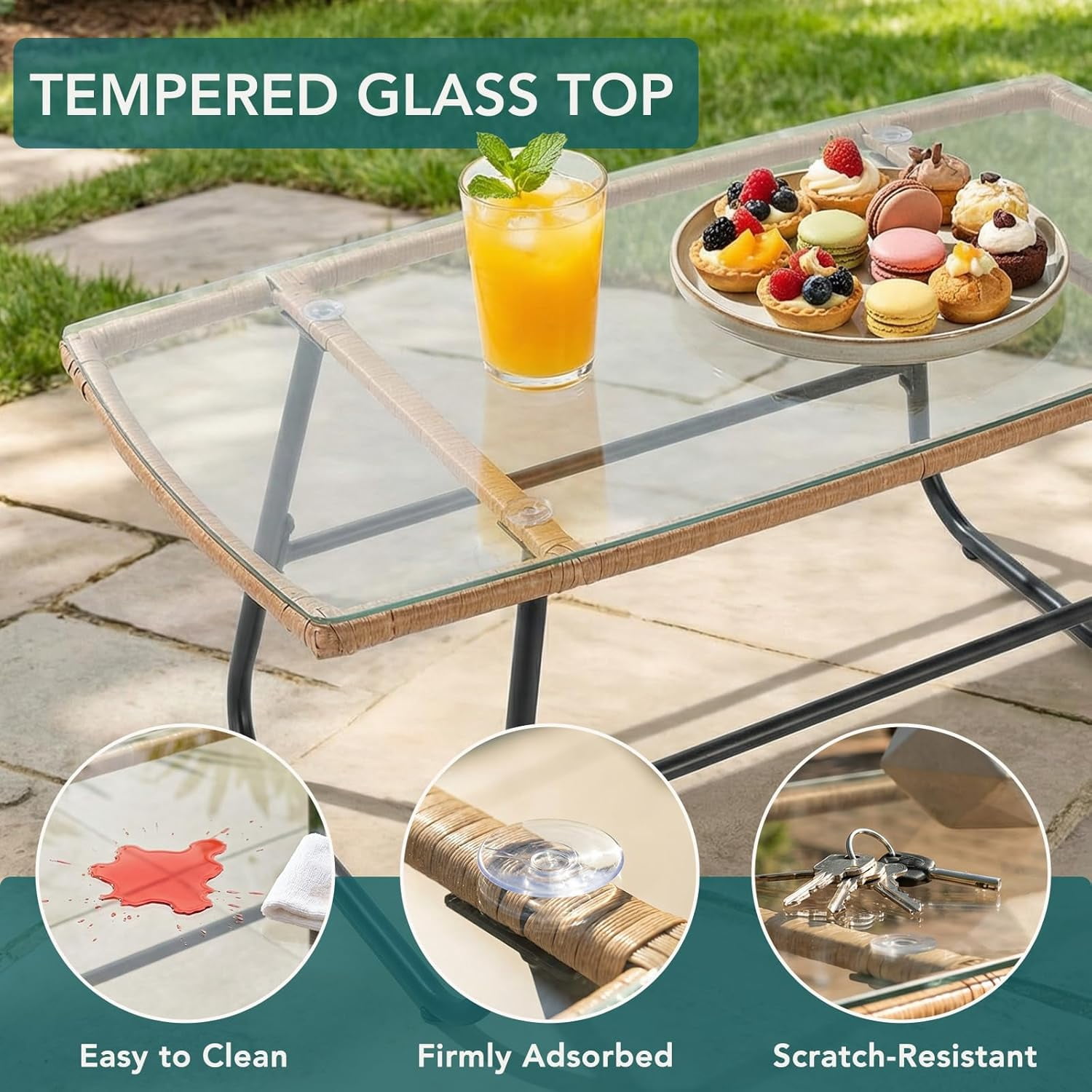 4 Pieces Outdoor Patio Furniture Set, Outdoor PE Wicker Patio Conversation Set with Cushion, Glass Table, Pillow, Beige