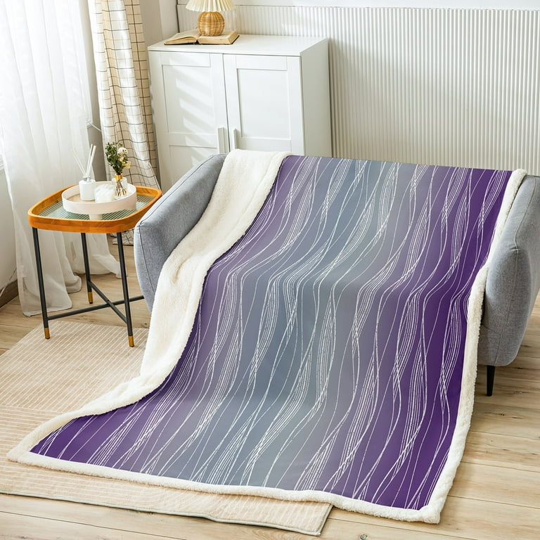 YST Purple Blue Grey Throw Blanket Twin 60 X80 Purple Bluish Gray Ombre Fleece Blanket For Girls Women Geometric Wavy Stripe Sherpa Blanket