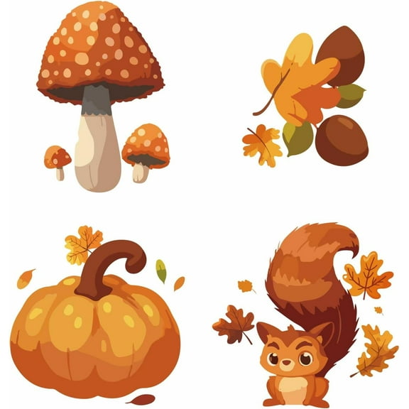 1set 4 Styles Fall Window Clings Thanksgiving Mushroom Pumpkin Pine Leaves Orange Autumn Glass Window Decal Removable Reusable Sticker for Sliding Door Glass Room Decor Prevent Bird Strike 6.3"