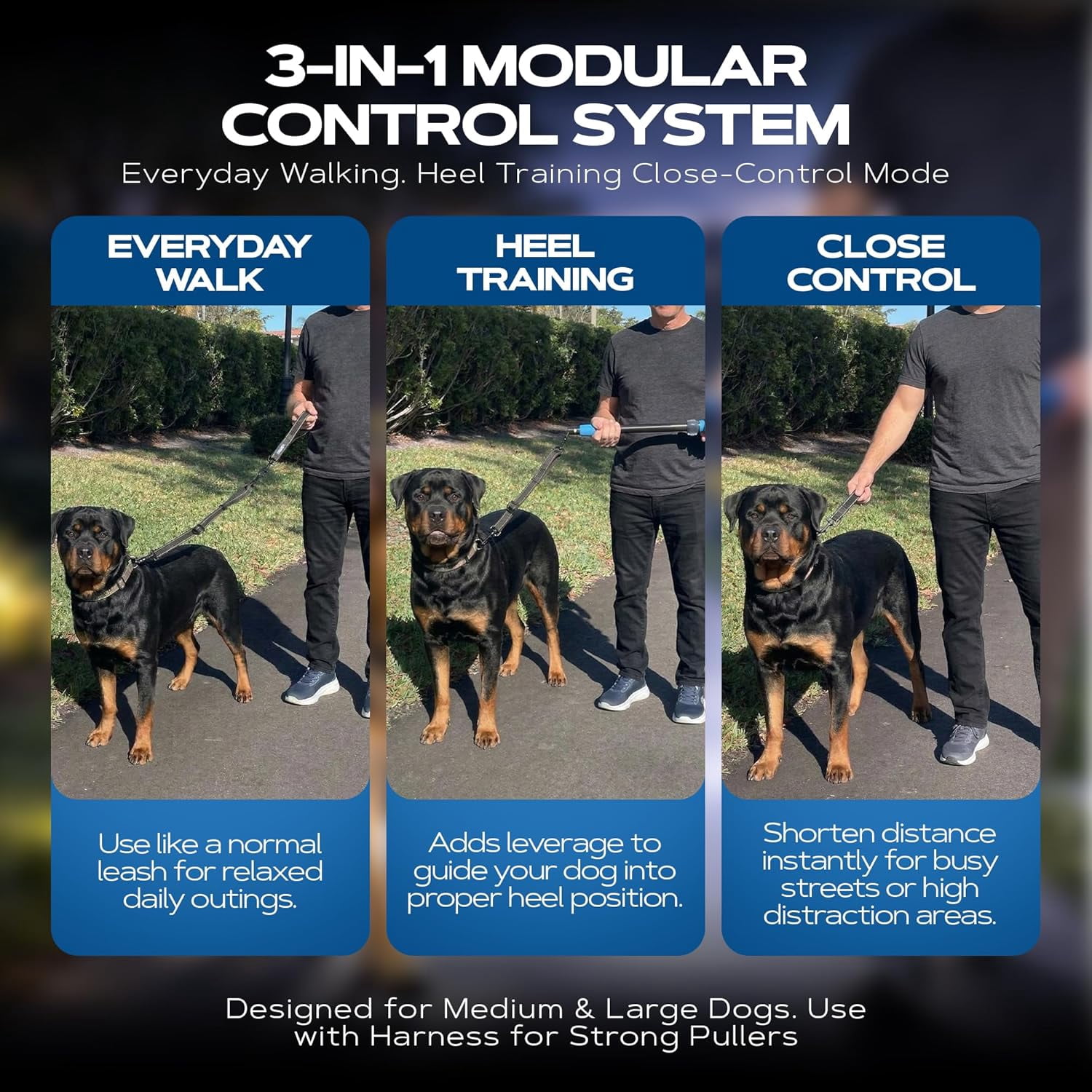 Kontrol Freak™ 3-in-1 Modular Dog Training Leash – Patented Stick Trainer to Stop Pulling, Heel Training Lead, Converts to Regular Leash – Reflective, Comfort Grip – Medium & Large Dogs