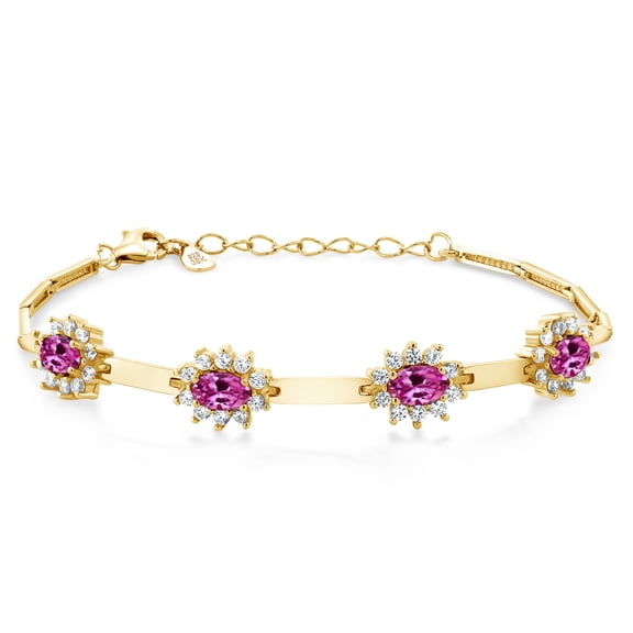 Gem Stone King 18K Yellow Gold Plated Silver Pink Created Sapphire and White Created Sapphire Bracelet for Women (3.60 Cttw, Gemstone September Birthstone, Oval 6X4MM, 7 inch   1 inch Extender)
