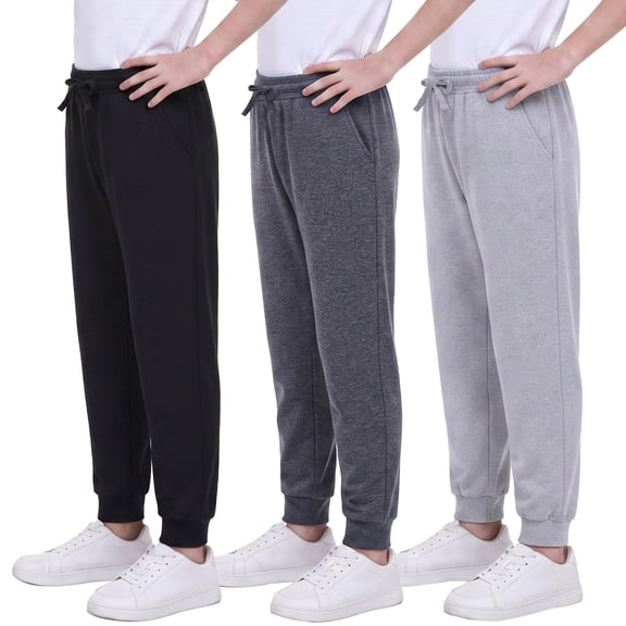 Muvtei Boys Sweatpants 3 Pack Athletic Workout Kids Casual Pants Boys Joggers with Pocket and Elastic Drawstring Waist Size 6-16