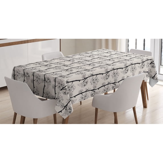 Cherry Blossom Tablecloth, Vertically Aligned Parallel Branches of Japanese Traditional Sakura Design, Rectangle Satin Table Cover for Dining Room and Kitchen, 60" X 84", Black Beige, by Ambesonne