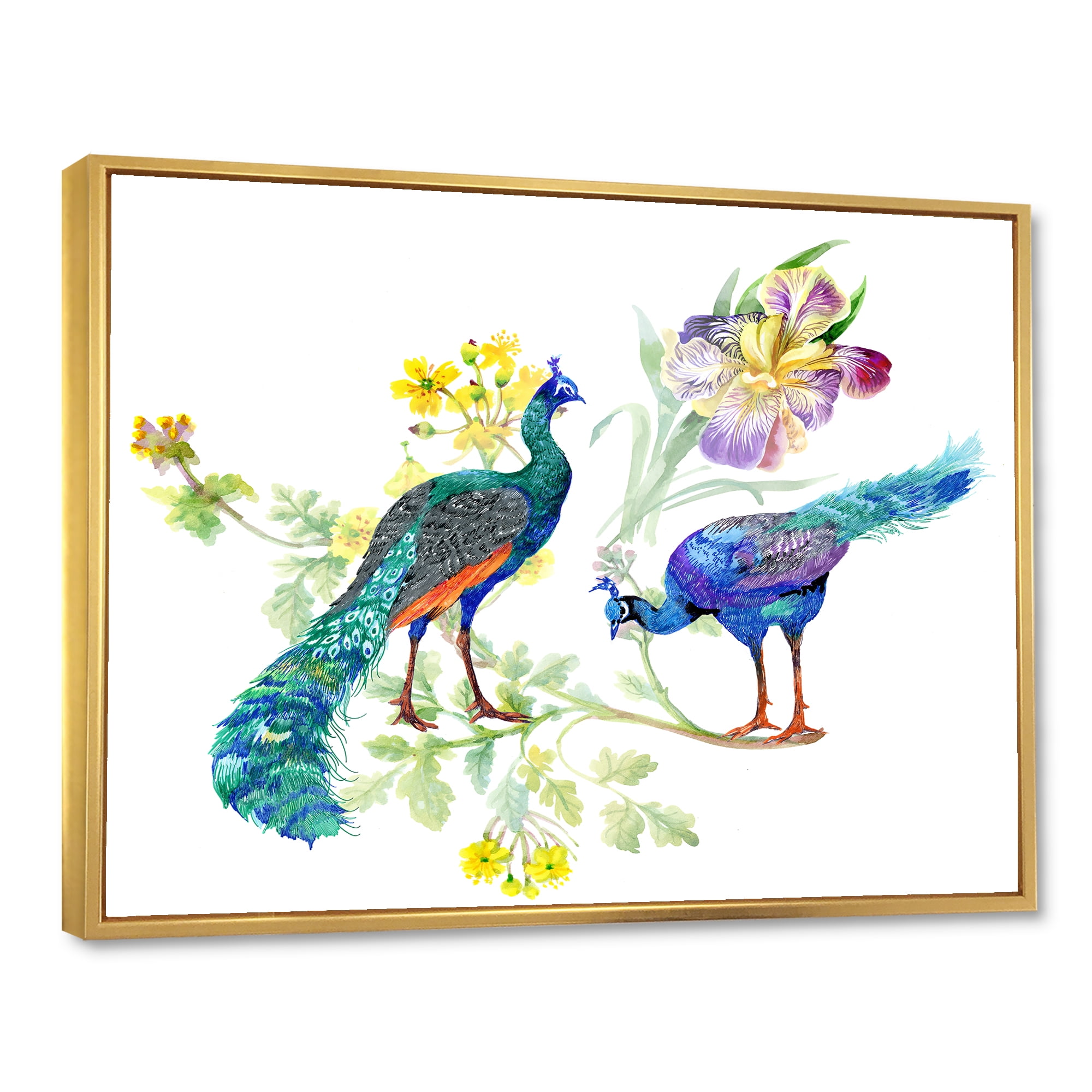 Designart 'Iris Flowers and Peacocks' Traditional Framed Canvas Wall Art Print