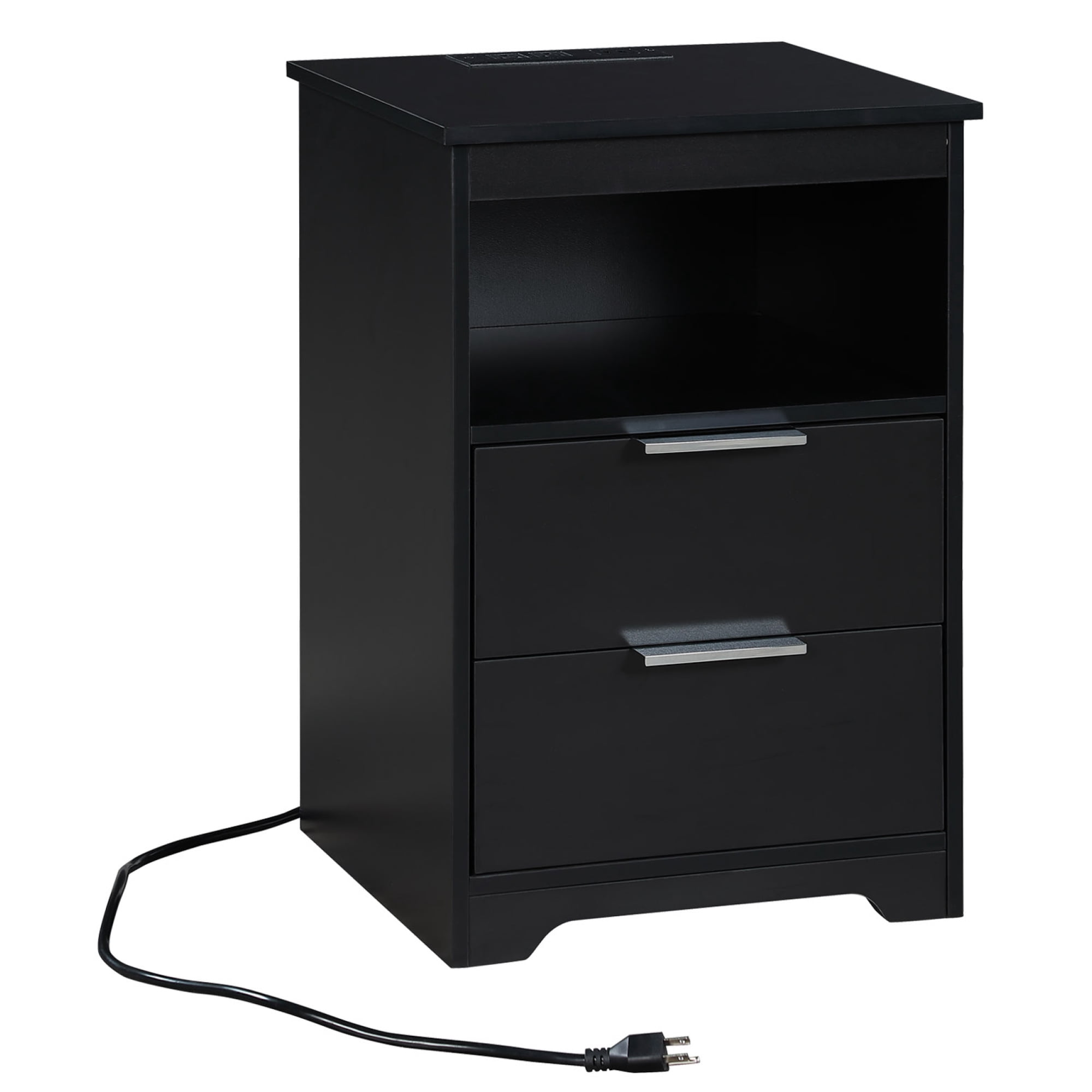 2 Drawer Small Nightstand with Charging Station,Wooden End Table with Drawer and Opening Shelf,Side Table for Bedroom Living Room Dorm Office,Black