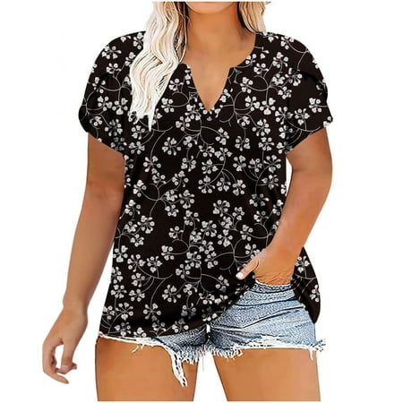 

Big&Tall Maternity Blouses Plus Size Womens Casual Short Petal Sleeve Printed V-Neck T-shirt Loose Tops Blouse Basic Tees for Women Black 5XL