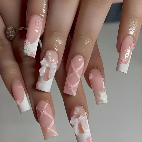 RAGUPEL Square Press on Nails Long Coffin Fake Nails with Designs 3D Bow Charm Stick on Nails Pink Flower Glue on Nails White French Tip False Nails Glossy Acrylic Nails for Women Manicure 24Pcs