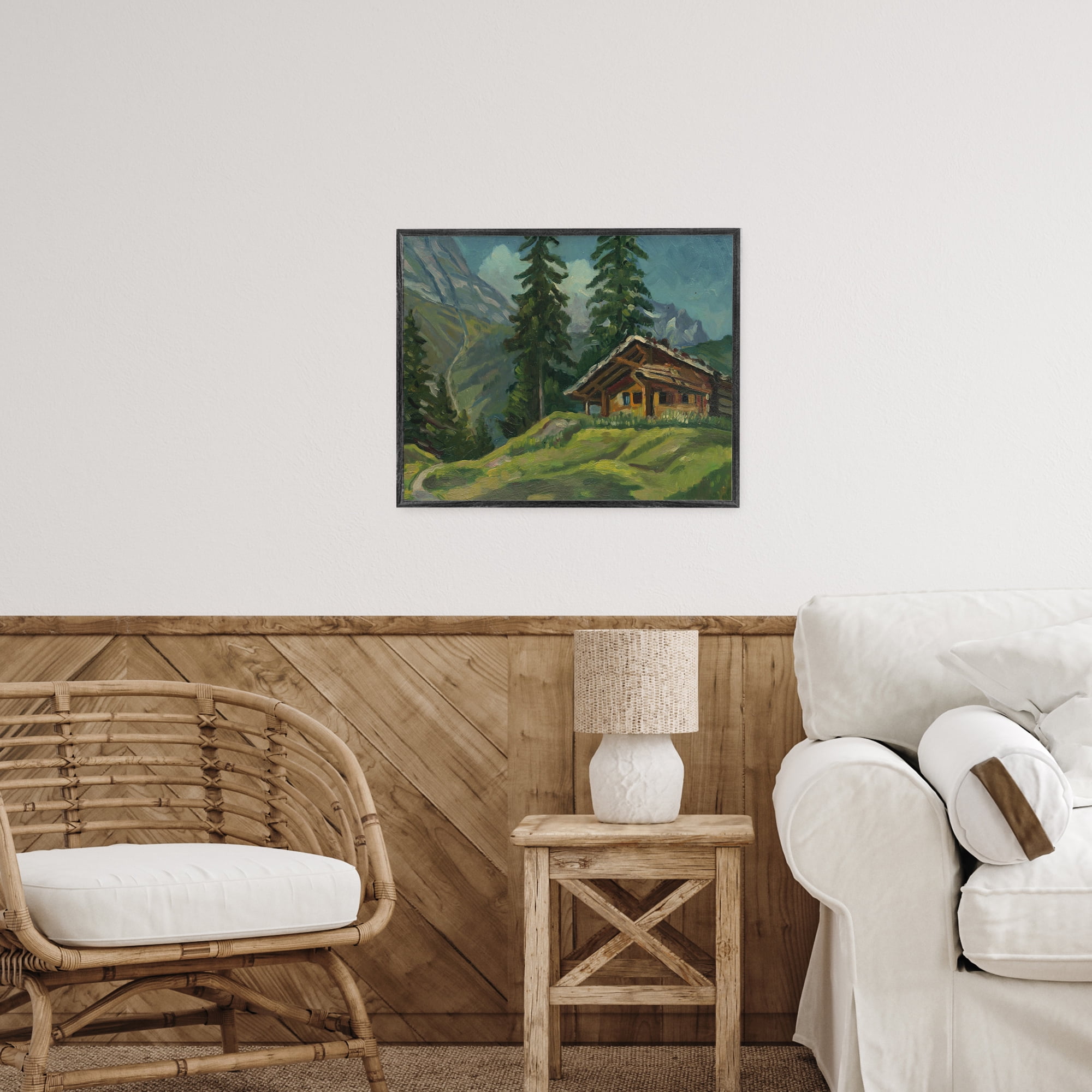 Cabin At Base Of Mountain White Framed Giclee Art, design by Lettered and Lined