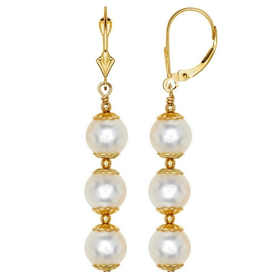 14k Yellow Gold White F.W. Cultured Pearl Leverback Earrings (3-lengths) (triple Drop/46mm) Stud Earring for Women