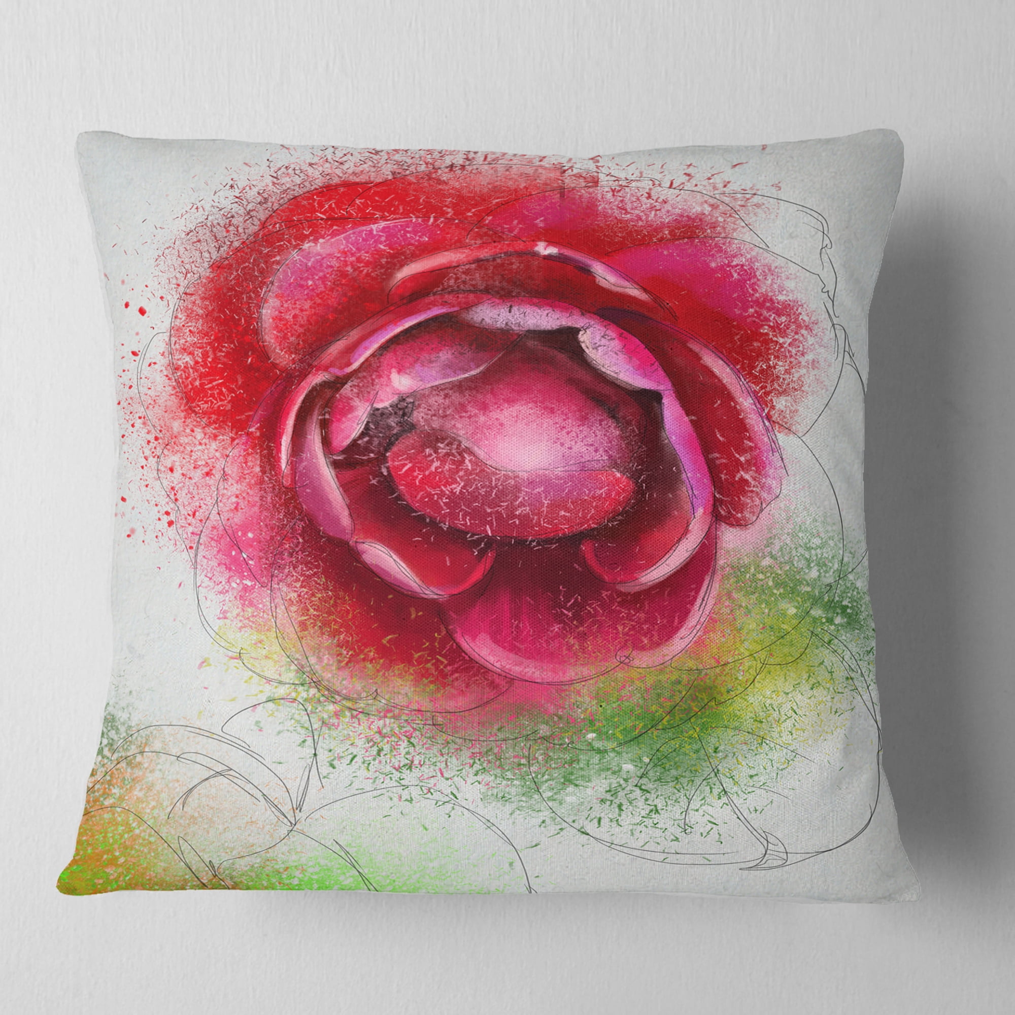 Designart Large Blooming Red Rose on White - Flowers Throw Pillowwork - 16x16