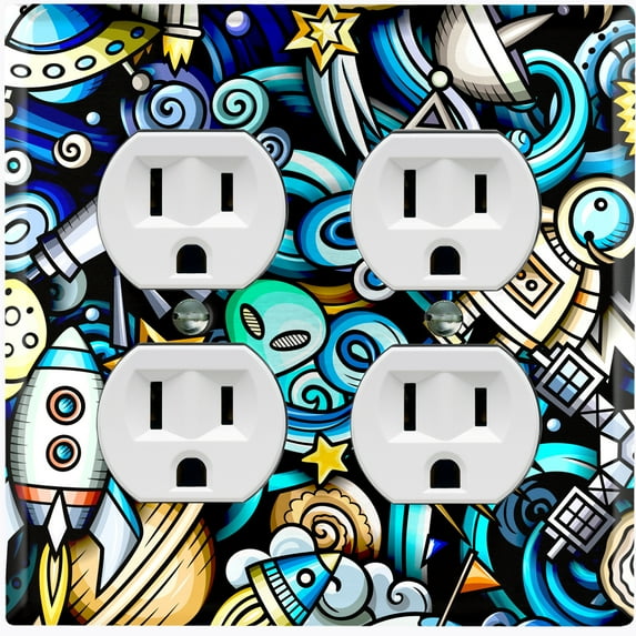 Metal Light Switch Wall Plate Outlet Cover (Spaceship UFO Astronaut Rocket Outerspace Star Alien Teal- Double Duplex)