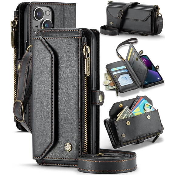 For iPhone 13 Crossbody Wallet Case with Card Slots Zipper Pocket,PU Leather Magnetic Flip Folio Wristlet Shoulder Strap 3-in-1 Crossbody Phone Case Wallet for Women Men,Black