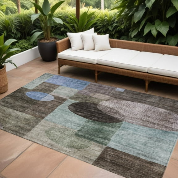 HomeRoots 604310 9 x 12 ft. Brown, Blue & Green Geometric Washable Indoor & Outdoor Rectangle Area Rug