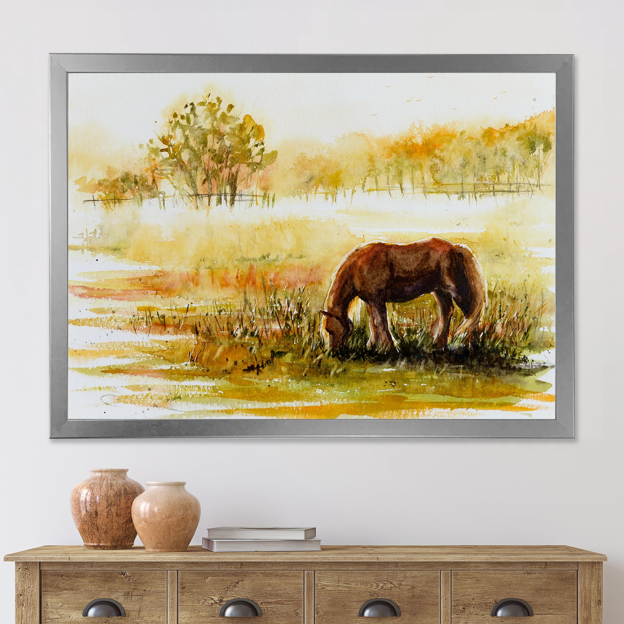 Designart 'Horse Eating Grass On A Meadow' Farmhouse Framed Art Print