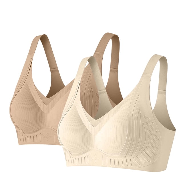 Amzcrzy 2PC Bras for Women Comfy Supportive Lift Push up Bra Trendy Solid Color Ribbed Seamless T Shirt Bra 2XL