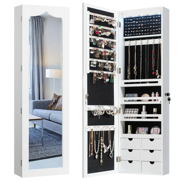 Costway Armario para joyas con 5 luces LED, puerta que se cierra, armario para joyas fijado a la pared con espejo y 6 cajones, organizador joyas con mucho espacio para chicas