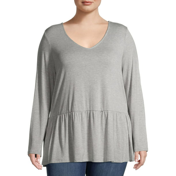 Terra & Sky Women's Plus Size Long Sleeve V-Neck Babydoll Tee - Walmart.com