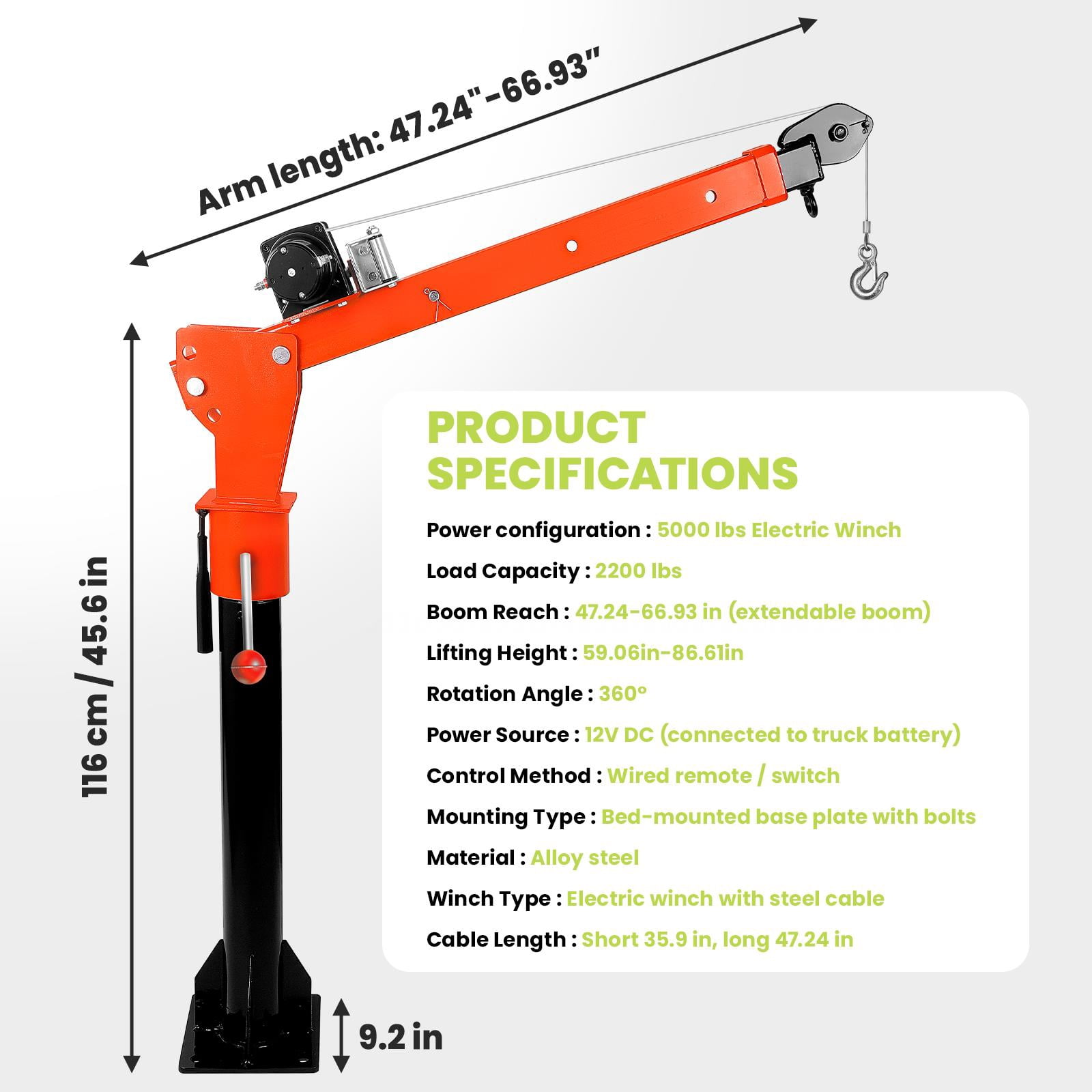 2200LBS Truck Crane, 12V DC Rotatable Crane with 360° Movement, Adjustable Boom Lift for Pickup Trucks