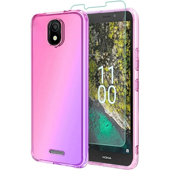 for Nokia C100 Case Clear Transparent with Screen Protector TPU Shock-Absorption Flexible Cell Phone Cover for Nokia C100(Pink Purple)