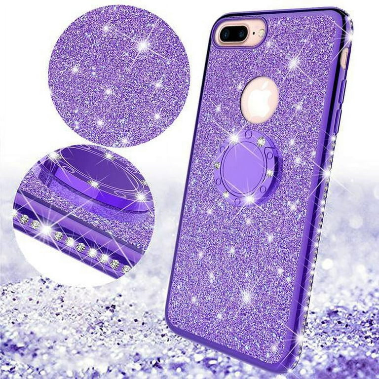 Rhinestone Diamond Thin Ring Protective Case Bling 8/7 7Case Girl Cute Luxury with Women Purple Stand iPhone Kickstand, - Girls Sparkly Glitter for 8/iPhone Apple Bumper Soft Case Phone Clear iPhone