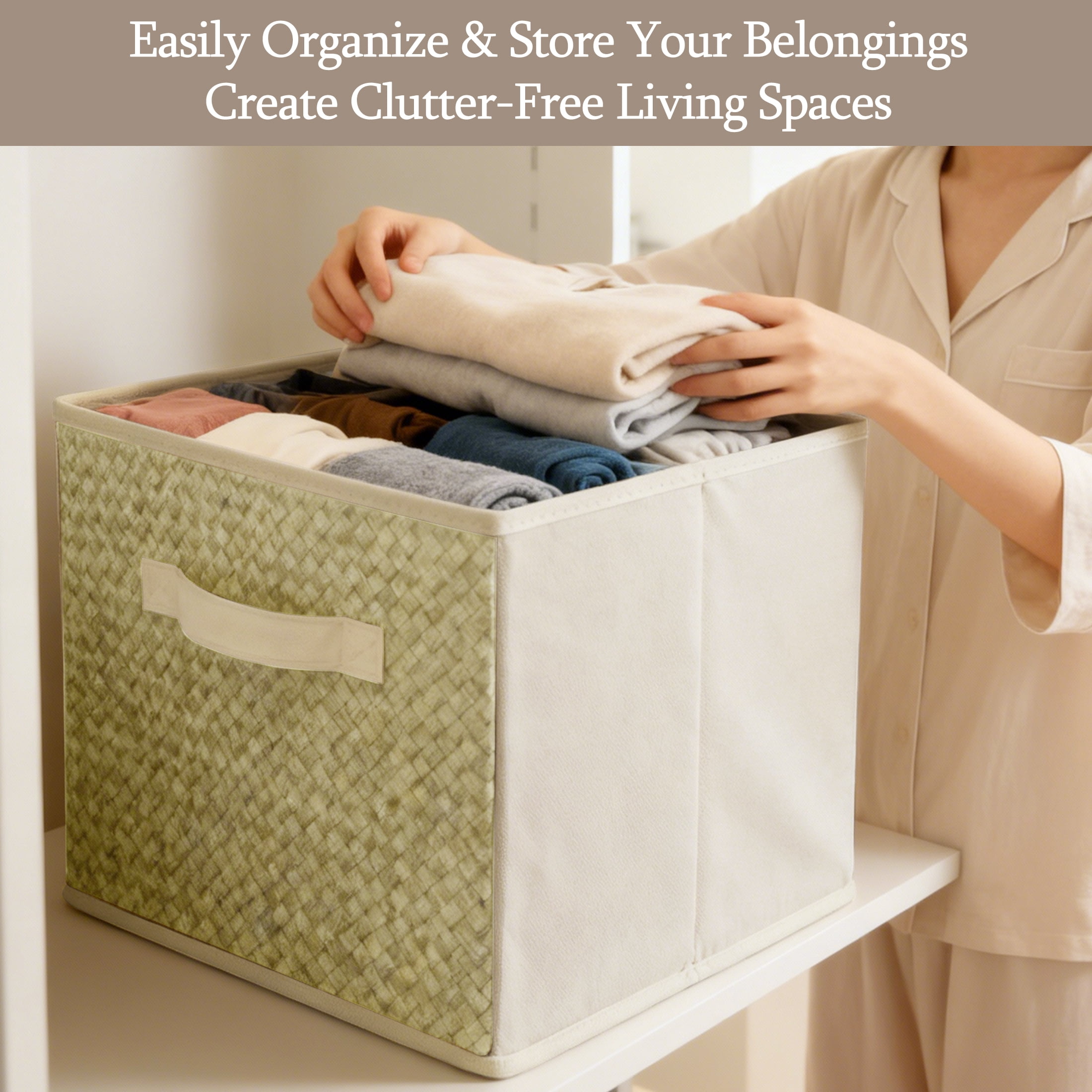 6 Pack Foldable Fabric Storage Cubes 11 inch, Rattan Printed Organizer Boxes with Handles, Collapsible Storage Baskets for Organizing Closet Bins