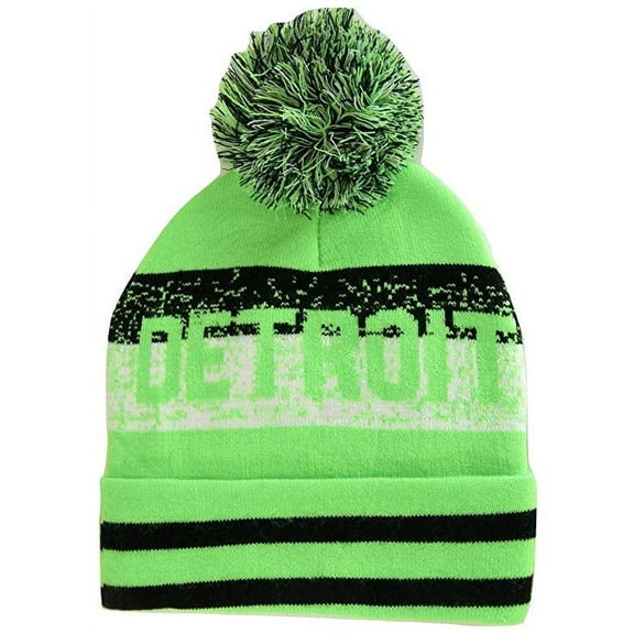 Detroit Pixelated Adult Size Winter Knit Pom Beanie Hat (Neon Green)