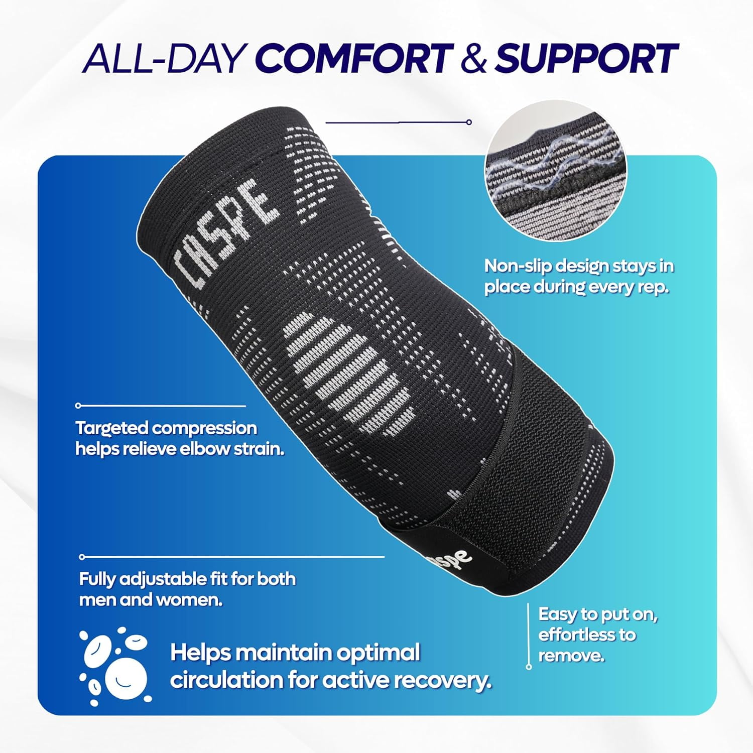 Caspe 2 Pack Elbow Compression Sleeve with Adjustable Strap – Breathable Arm Support for Men & Women, Non-Slip Sleeve for Sports & Workouts