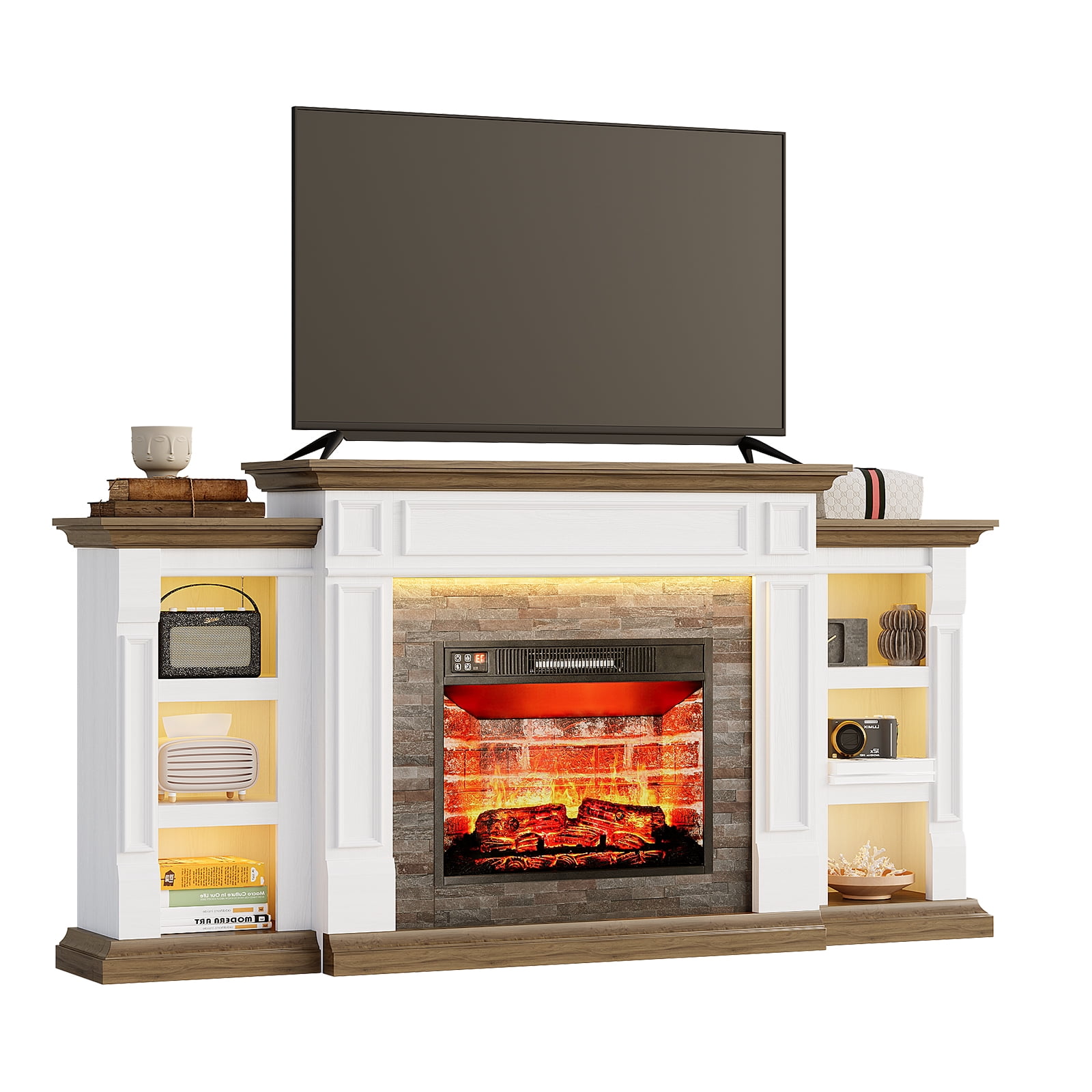 LGHM 71" Electric Fireplace TV Stand with Mantel, Farmhouse Entertainment Center for TVs up to 80" with LED Light, White & Brown